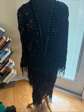 Black Sequined Fringe V-Neck jacket and skirt by Rich Radi Q’s